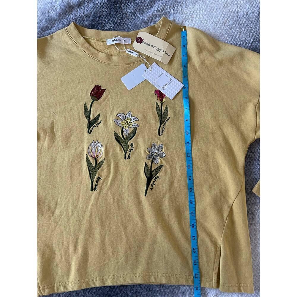 Believe... Floral Embroidered 3/4 Sleeve Cut Out Arm Tie Yellow Sweater Size XL - Picture 7 of 9